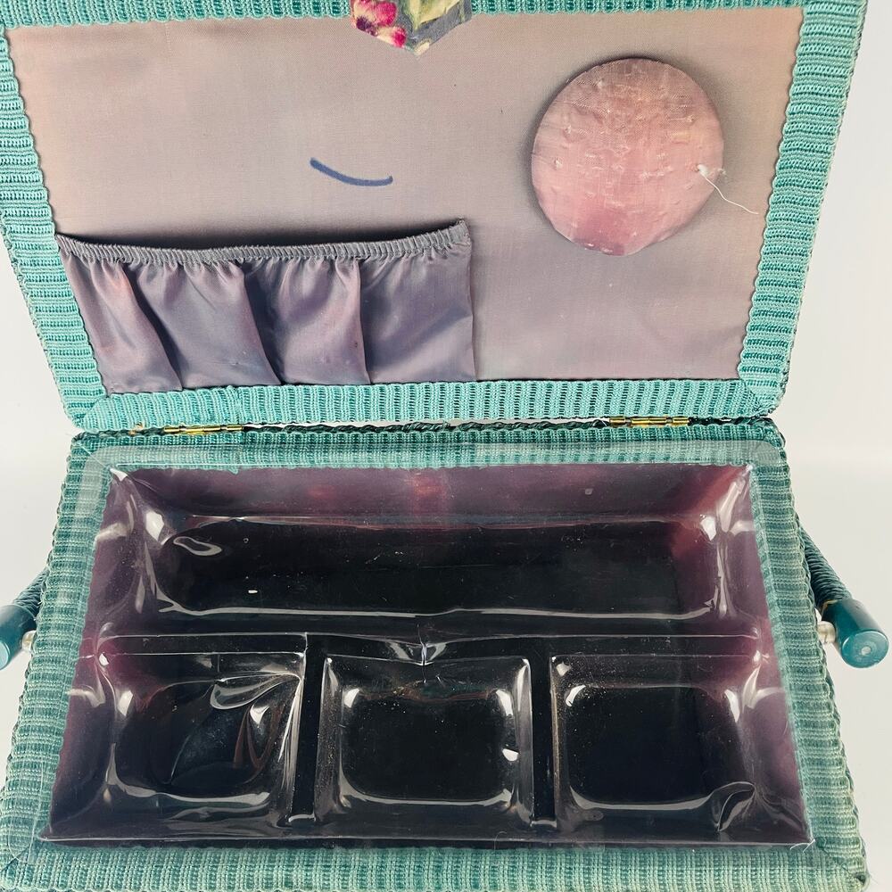 Vintage Style Hobby Sewing Box Blue with Pansy Print Green Trim with Pin Cushion - Picture 4 of 8